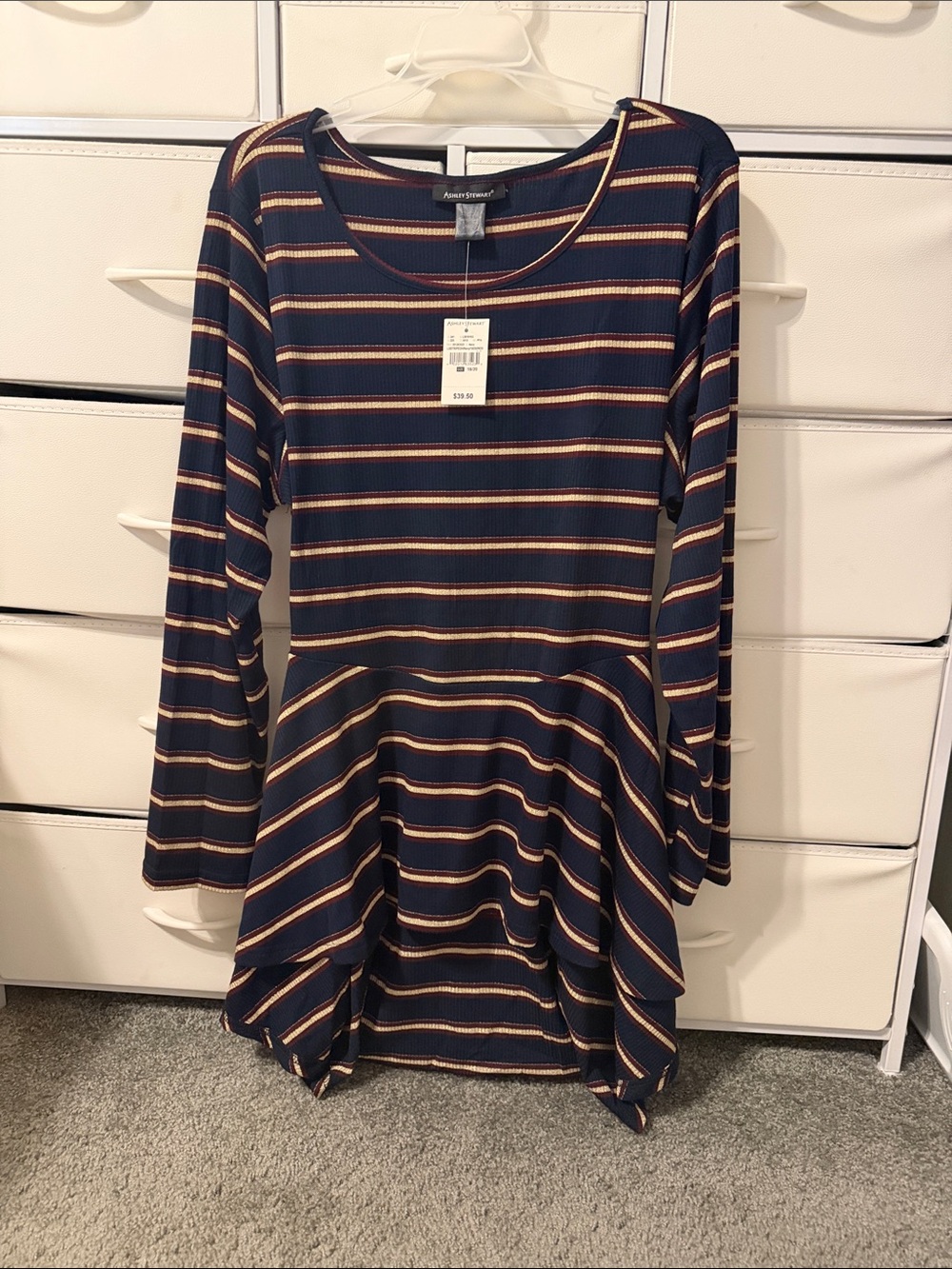 Aqua Navy Striped Long-Sleeve Peplum Top with Mustard & Rust Accents